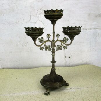 Antique Embossed Brass Ornate 3 Arm Candle Holder Candelabra Church Grapevine