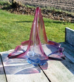 Italian Blue Cranberry Basket Dish Centerpiece Murano Seguso Art Glass Marked