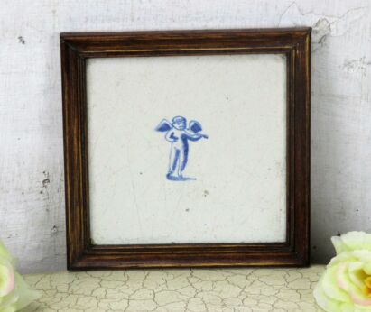 Antique 19th C. Delft Tile Dutch Blue White Angel Wooden Frame HTF