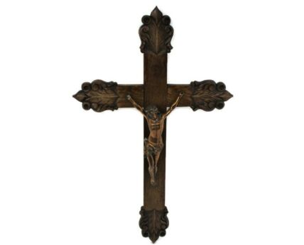 Large Hand Carved Wood Oak Ornate Hanging Crucifix Cross Jesus Christ Brass Corpus Gorgeous 31.29"