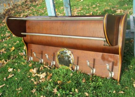 Vintage French Wooden Coat Hat Rack Mirror Art Deco Paris Bistro Railroad Train