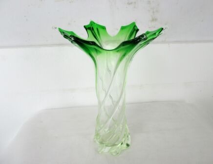 Art Glass Vase Twisted Glass Green Clear Val St Lambert Style Ruffled Edge