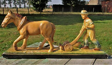 Art Deco Large Plaster Statuette Farmer Plow Horse Renova