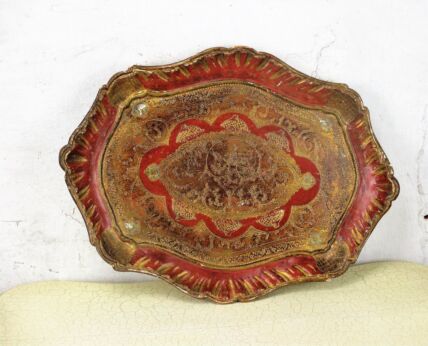 L Italian Mid Century Hollywood Regency Florentine Serving Tray Red Gold Wood