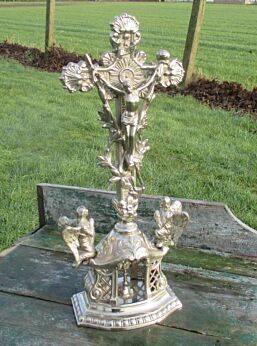 Antique Standing Table Crucifix Christ Art Brass Altar Angels Chalice 16.54"