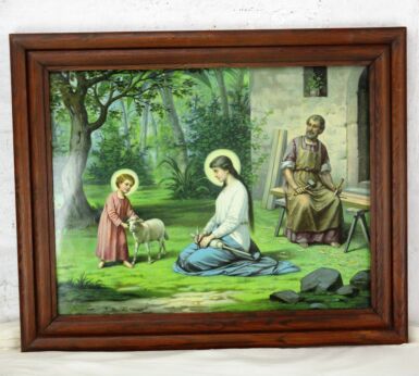 Antique Wooden Frame Holy Family Jesus Virgin Mary St Joseph Print Lithography