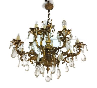 Ornate Brass Chandelier 12 Lights Crystal prisms drops Hollywood regency style High Quality