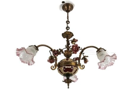 Gorgeous Antique art Nouveau Chandelier 3 lights Tulip Shades glass Porcelain brass Flowers