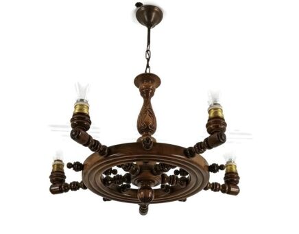 Hand Carved Wood Wooden Chandelier Boat Steering Wheel vintage 5 lights 