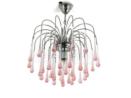 Murano Pink Art Glass Teardrop Prisms chandelier Italy 1 light Pendant Lovely Vintage 