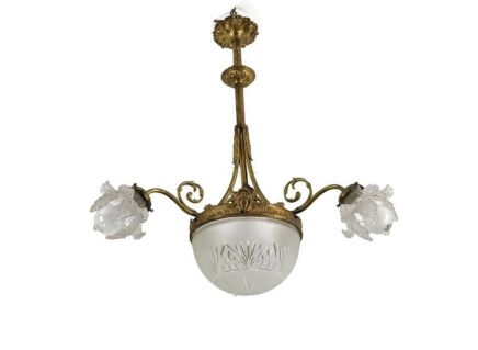 Art deco Chandelier Gilded Bronze Gorgeous Etched glass shades flower shaped 4 lights