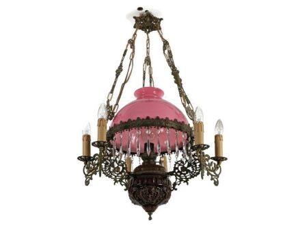 lampe Belge Antique Chandelier Pink Opaline glass Shade Brass 7 lights  Mythological Faces