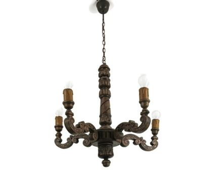 Vintage Carved Wood Wooden Chandelier 5 lights arm Farmhouse barn style 