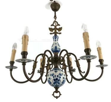 Delft Blue white Porcelain Brass Chandelier 6 arm Fixture Barn Farmhouse style  hand Painted