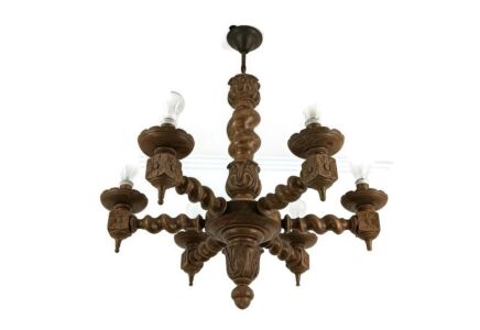 Vintage Chandelier Carved Wood Wooden 6 lights arm Barley twist farmhouse country style