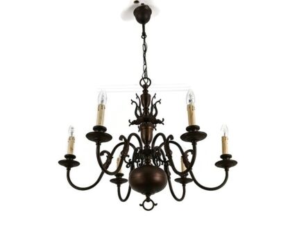 Stunning antique Flemish Dutch Chandelier Fish Brass dark patina 6 lights barn style
