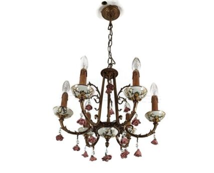 Lovely Italian Chandelier Brass with Porcelain Pink Flowers Romantic 6 lights vintage