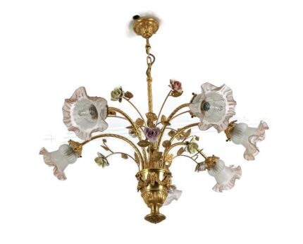 Gorgeous chandelier spelter Brass Porcelain glass Shades tulip form Italian Flower basket 6 lights 