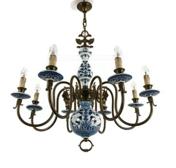 Very Large Chandelier Delft blue white hand painted vintage Dutch 8 lights farmhouse style