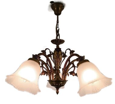 Chandelier Vintage France Frosted Glass shades Brass Ornate Tulip Flower shaped  6 lights