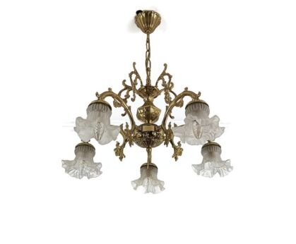 Vintage Brass Chandelier Fixture Glass Shades 5 lights arm Romantic 