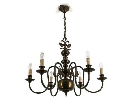 Flemish Dutch Chandelier 6 Arm Lights Brass Eagles faces  Ornate Barn Farmhouse style
