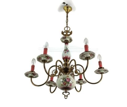 Lovely Italian Chandelier Brass with Porcelain Pink Flowers pattern 6 lights vintage 
