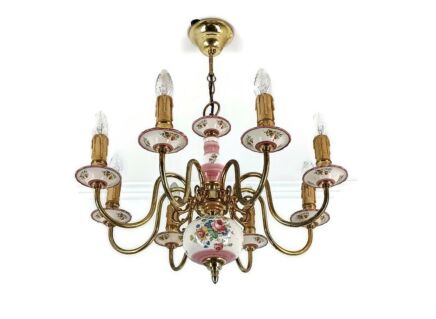 Romantic Italian Chandelier  pink porcelain flower pattern Brass 8 lights arm vintage