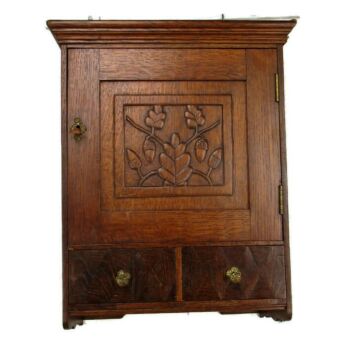 Hand Carved Oak Medicine Wall Cabinet Apothecary 2 drawers acorns Gorgeous HTF