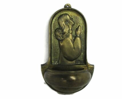 Small Vintage Brass Holy Water Font Vessel Religious Wall Hanging Communion Praying child