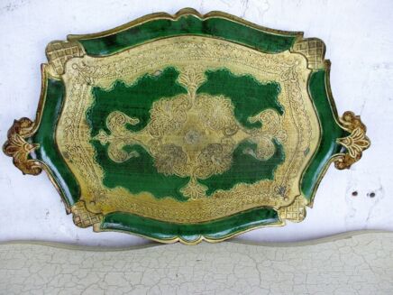 S Italian Mid Century Hollywood Regency Florentine Serving Tray Resin Green