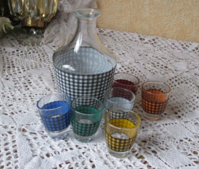 vintage retro set checkered shot Glasses Decanter Liquor Set France no Stopper