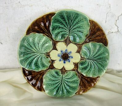 French Plate Majolica Barbotine Faience Flower Leafs Marked Decorative
