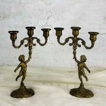 Couple Vintage Brass Ornate 3 Arm Candle Holder Candelabra Putti Eros Cherub