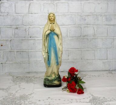 Vintage Virgin Mary Madonna our Lady of Lourdes Statuette Plaster 16.54"