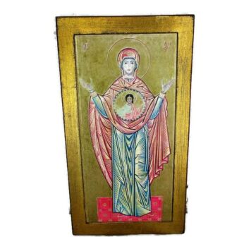 Vintage Wooden Icon Paint over Print Madonna Virgin mary Infant Jesus 15.3" HTF