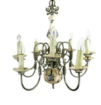Vintage Dutch Double Chandelier 10 Arms Lights Blue White Porcelain Delft Style