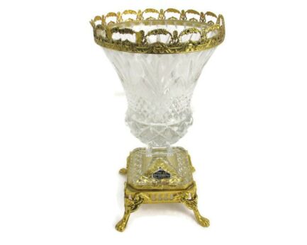 Crystal Vase Aluminium Brass Look Base Germany Bleikristal