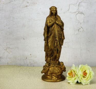Statue Virgin Mary Madonna Gold painted Plaster Garland Angels French 12.20"