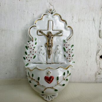 Holy Water Font Porcelain Bisque Wall Hanging Vessel Calvary Jesus Christ HTF