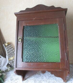 Antique French Wooden Carved medicine bathroom Wall Cabinet Green Bubbled Glass apothecary