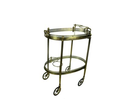 Oval Bar Cart cocktail Trolley Hollywood Regency Mid Century Modern Brass Clear glass Serving tray Pine Apple