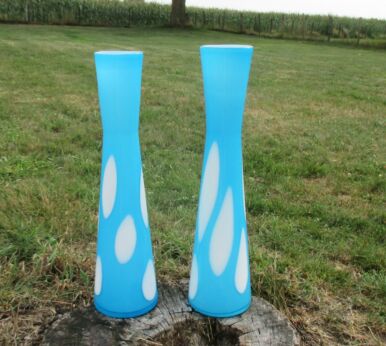 vintage Art Glass Couple Vases Mid Century Design Cased Opaline Blue White Spots