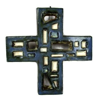 Gorgeous Wall Hanging Crucifix Ceramic Mid Century Modernist Fat Lave Blue WOW