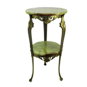 Ornate Brass Marble Two Tier Pedestal Plant Stand Side Table Hollywood regency