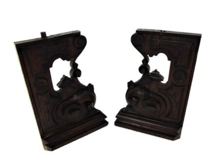 Pair French Corbels Hand Carved Wood Pediment Brackets Finial Architectural