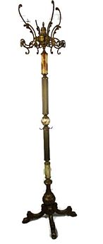 Vintage Onyx Marble Brass Hall Tree Coat Hat Rack Stand Brown Round Marble HTF
