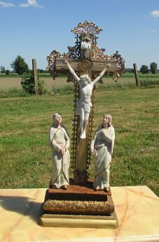 Antique Wood Ceramic Jesus Christ Cross Table Standing Crucifix Memento Mori