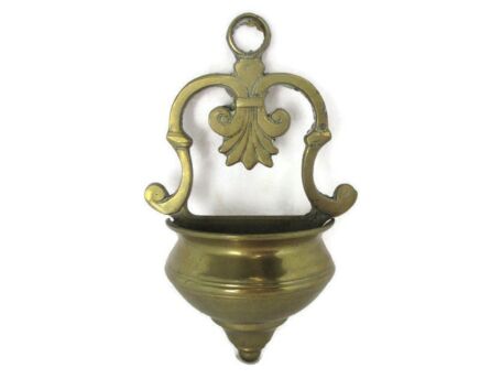 Vintage Brass Holy Water Font Vessel Religious Wall Hanging