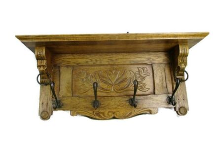 Vintage Hand Carved Wood Wall Shelf Coat Hat Kitchen Rack Lion Heads Mid Century